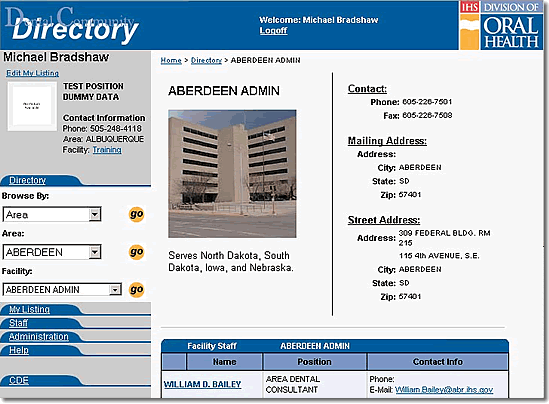 image of directory page showing facility details and a partial list of personnel at the facility