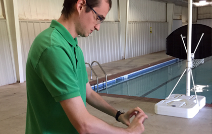 Justin Bunn measuring water chemistry of a swimming pool (2017 COSTEP, Shawnee, OK). LTJG Bunn became a fulltime member of the Great Plains Area EH team as a civil servant in 2018 (Sioux City, IA) and became a Commissioned Officer in 2019.