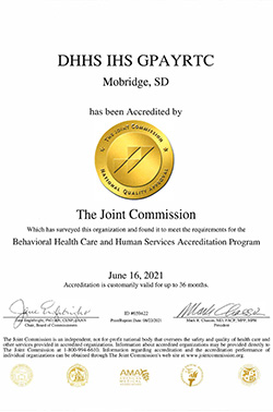 The Joint Commission
Which has surveyed this organization and found it to meet the requirements for the
Behavioral Health Care and Human Services Accreditation Program. Effective June 16, 2021, this acceditation is customarily valid for up to 36 months.