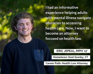 Inforgraphic of Eric Jepeal listing his hometown of East Granby, CT and his Career Path of Health Law Attorney