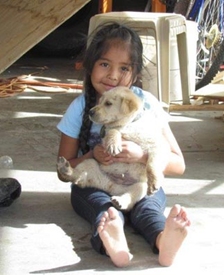 child holding a puppy