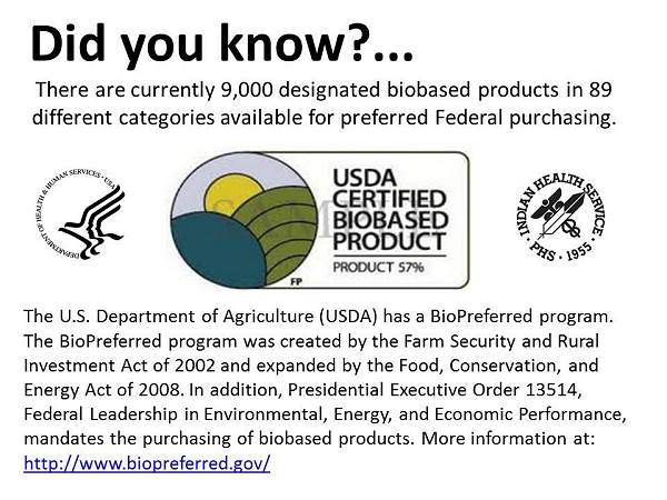 Did you know? There are currently 9,000 designated biobased products in 89 different categories available for preferred Federal purchasing. The U.S. Department of Agriculture (USDA) has a BioPreferred program. The BioPreferred program was created by the Farm Security and Rural Investment Act of 2002 and expanded by the Food, Conservation, and Energy Act of 2008. In addition, Presidential Executive Order 13514, Federal Leadership in Environmental, Energy, and Economic Performance, mandates the purchasing of biobased products. More information at: http://www.biopreferred.gov/