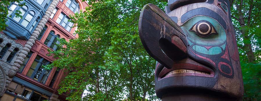 A totem pole in Pioneer Square, Seattle, WA