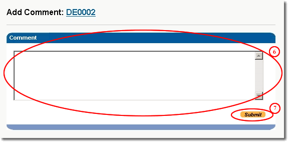 Image of add comment form with text area and submit button highlighted as discussed in steps 6 and 7
