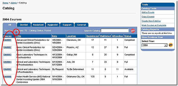 Image of admin catalog page with course numbers highlighted as discussed in step 4