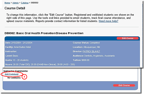 Image of course detail page with add comment link highlighted as discussed in step 5