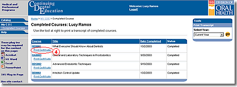 Image of completed courses page with features indicated by numbers for steps 3 and 4 as described in the text