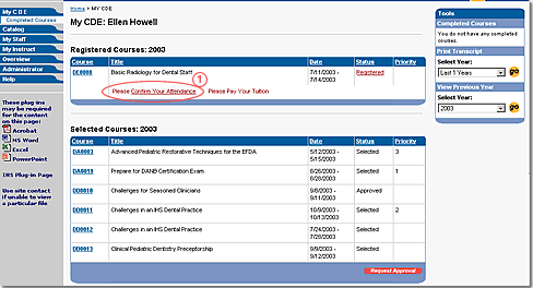 Image of the My C D E page with feature indicated by number for step 1 as described in the text