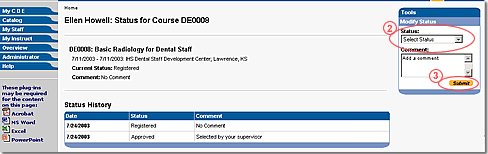 Image of the Modify Status page with features indicated by numbers for steps 2 and 3 as described in the text