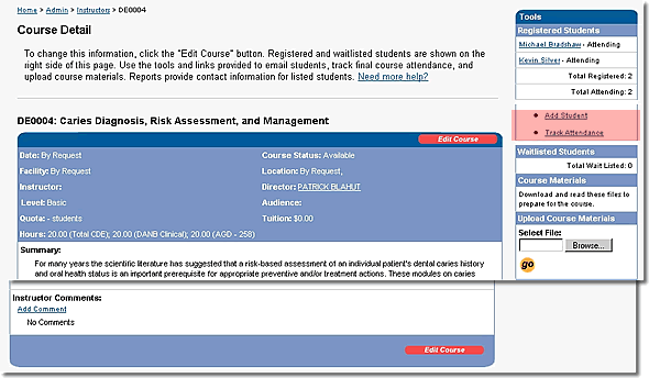 Image of the by request course detail page with add student and track attendance links highlighted as discussed in the text