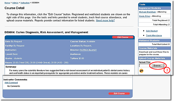 image of course detail page with the upload course materials browse button highlighted