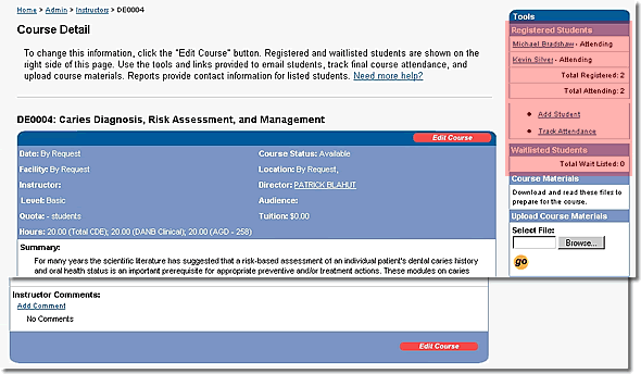 Image of the course detail page with registered and waitlisted students lists highlighted as discussed in the text