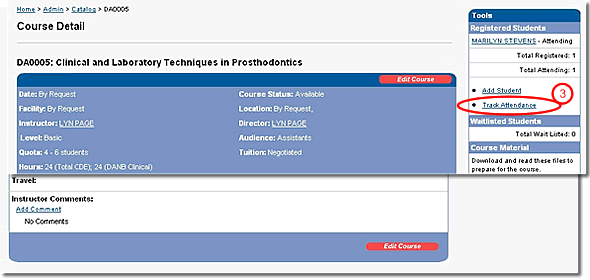 image of course detail page with track attendance link highlighted