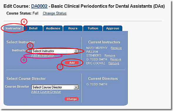 image of edit course page highlighted as discussed in items 4 through 7