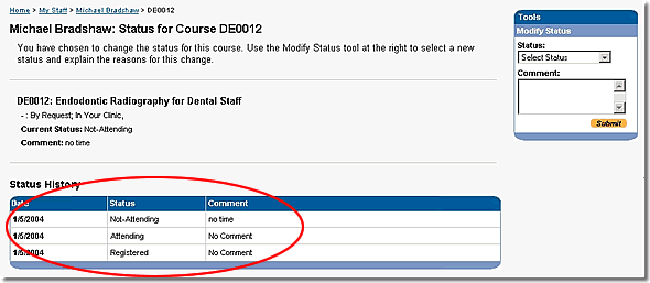 Image of modify status page with status history highlighted as discussed in the text