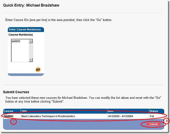 image of the quick course entry page highlighed as discussed in steps 7 and 8