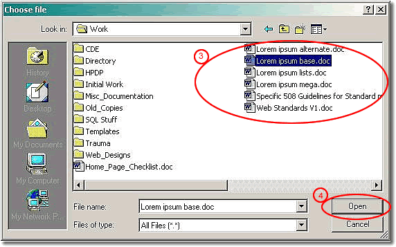 image of choose file dialog box with files and open button highlighted