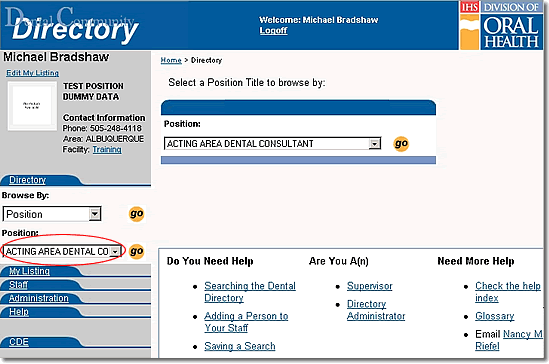 Image of Dental Directory main navigation using browse by position