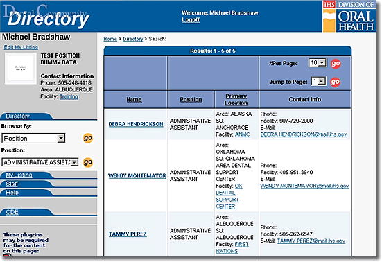 image of directory page showing sample results of a search by position