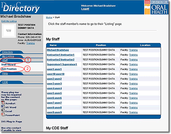 image of staff page with navigation highlighted as discussed in steps 1 and 2