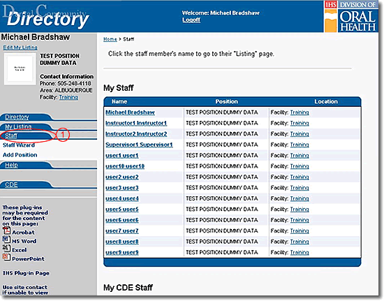 image of staff page with navigation highlighted as discussed in step 1