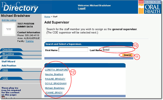 image of staff page with navigation highlighted as discussed in steps 10, 11, and 12