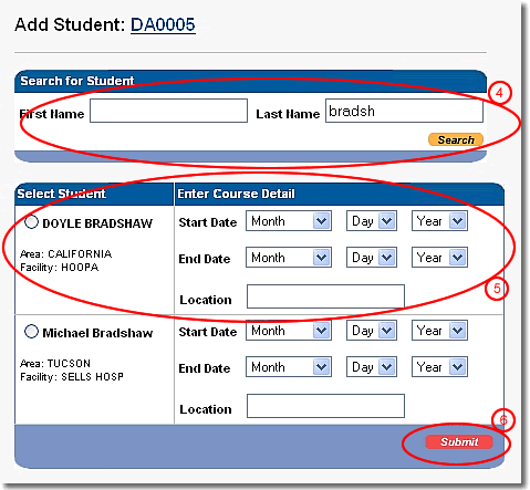 image of add student page highlighted as discussed in items 4, 5, and 6