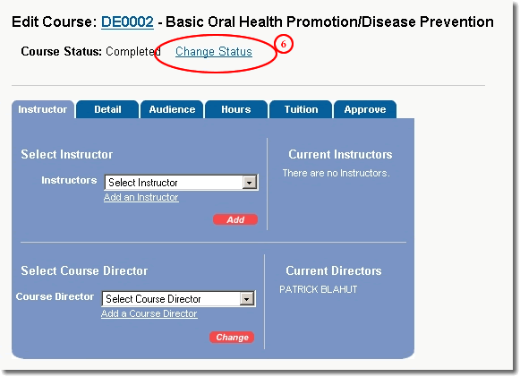 Image of Edit Course page with change status highlighted as discussed in step 6