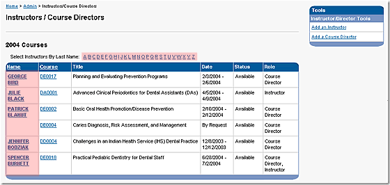 image of the Admin Instructors / Course Directors page as discussed in the text