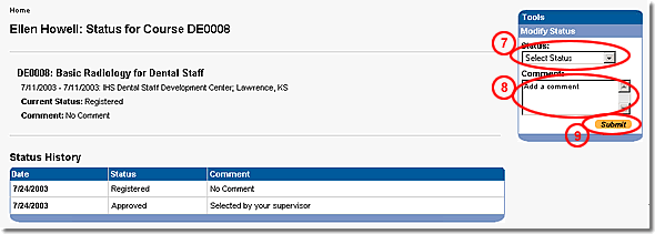 Image of Modify Status page with items highlighted as discussed in steps 7, 8, and 9