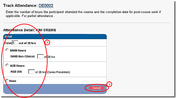 image of attendance detail page highlighted as discussed in items 8 and 9