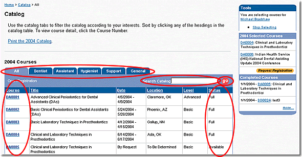 Image of catalog page with status column, tabs, search, and course number column highlighted as discussed in the text