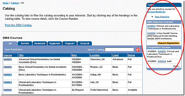 Image of catalog page with stop selecting link, selected courses list, and course number column highlighted as discussed in the text