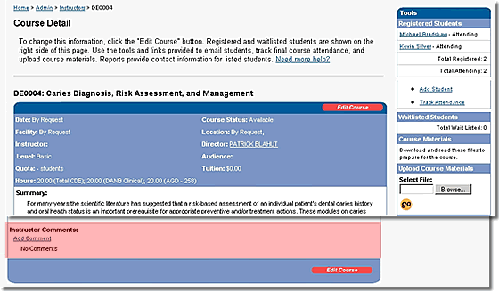 image of the Course Detail page highlighting comment area at the bottom as discussed in the text