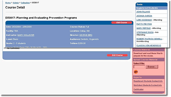 Image of the course detail page with course materials and reports highlighted as discussed in the text