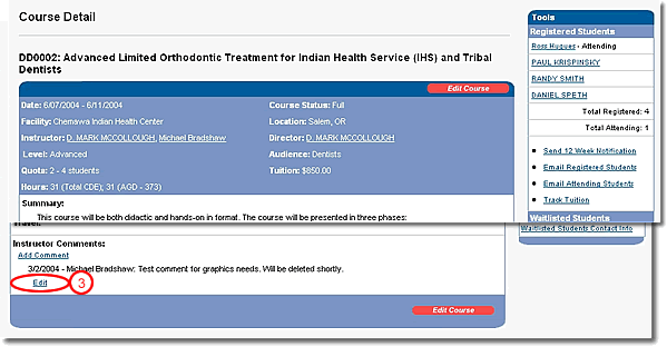 image of course detail page with edit comment link highlighted