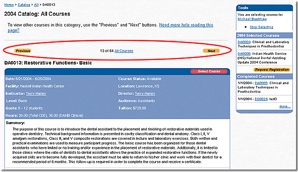 Image of course detail page with previous and next buttons highlighted as discussed in the text