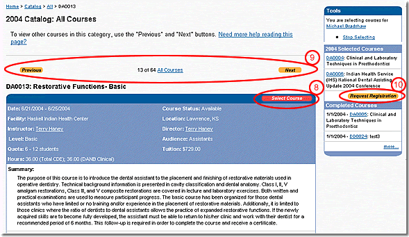 image of the course detail page highlighted as discussed in steps 8, 9, and 10