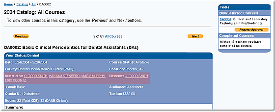 image of the Course Detail page highlighting links discussed in the text