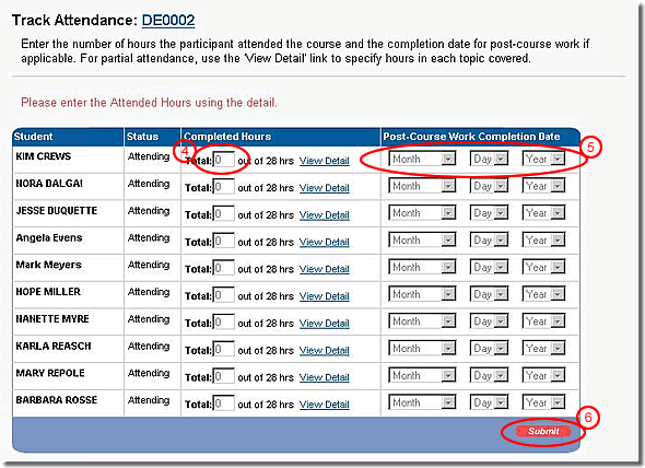 image of track attendance page with total hours, post-course work completion date, and submit button highlighted as discussed in items 4, 5, and 6
