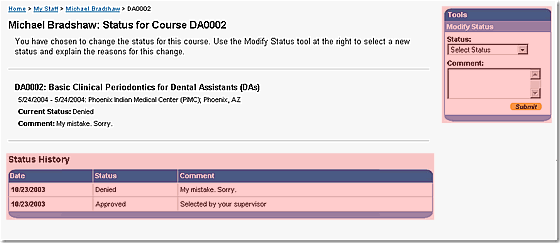 image of the Modify Status page with history and tools highlighted as discussed in the text