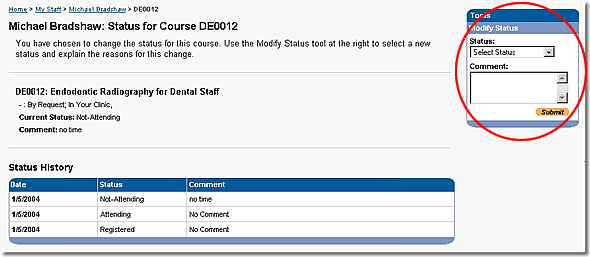 Image of modify status page with select status pull-down, comments, and submit button highlighted