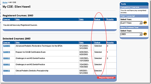 Image of my CDE page with status column indicated as discussed in text