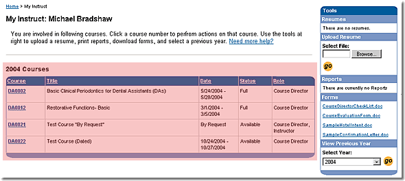 Image of the my instruct page with the main table highlighted as discussed in the text