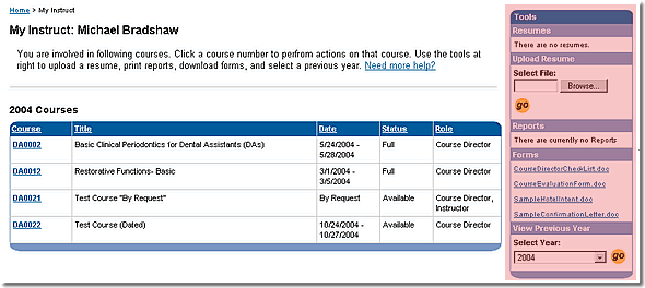 Image of the my instruct page with the right side highlighted as discussed in the text