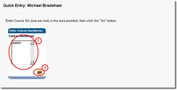 image of the quick course entry page highlighted as discussed in steps 5 and 6