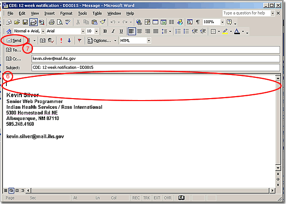 image of a sample email with message area and send button highlighted