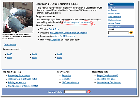 image of the Continuing Dental Education home page with feature indicated by number for step 2 as described in the text