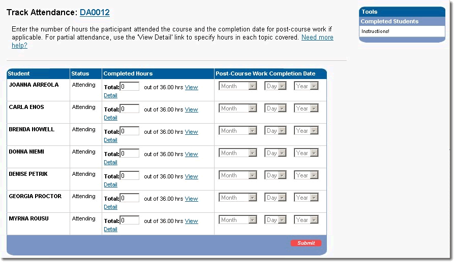 image of the Track Attendance page as discussed in the text