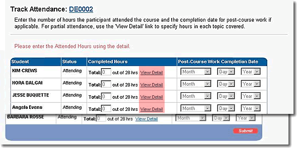 Image of the track attendance page with view details highlighted as discussed in the text